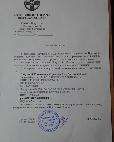 Ассоциацией ветеринарии Иркутской области открыт счет для помощи пострадавшим ветеринарным специалистам
