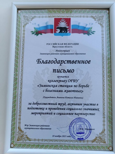 Специалистов Зиминской СББЖ наградили почетной грамотой мэра района